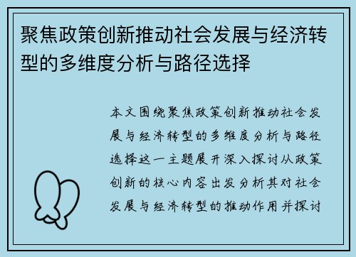 聚焦政策创新推动社会发展与经济转型的多维度分析与路径选择