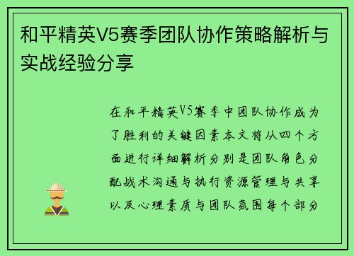 和平精英V5赛季团队协作策略解析与实战经验分享