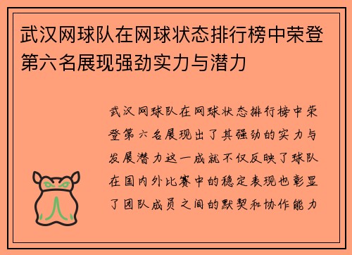 武汉网球队在网球状态排行榜中荣登第六名展现强劲实力与潜力
